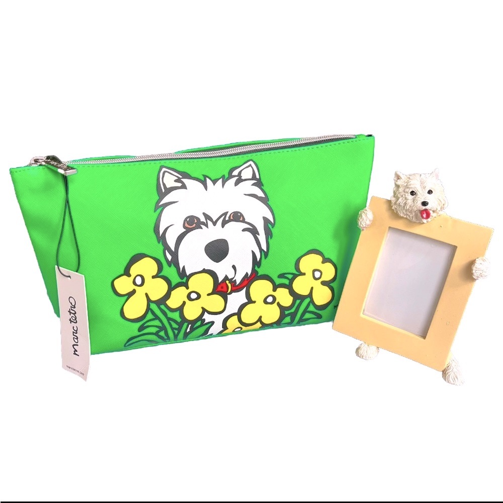 NWT Marc Tetro Westie w/ Flowers Cosmetic Makeup Travel Bag & NIB Picture Frame